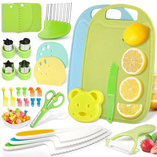 WSIANNG Couteau Cuisine pour Enfants - 29 Pièces Sécurité Couteau de Cuisine pour Enfants, Couvert Enfant Pour Cuire et Couper les Fruits, Montessori Couteau Enfant Avec Planche à Découper