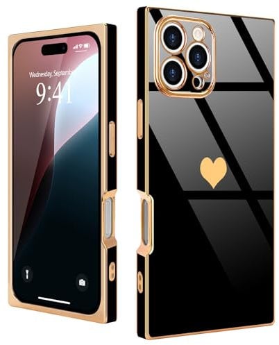 Urarssa for iPhone 16 Pro Case Cute Rectangle Heart Pattern Luxury Gold Plating Cases Women Girls Shockproof Bumper Silicone Protective Cover for iPhone 16 Pro, Black
