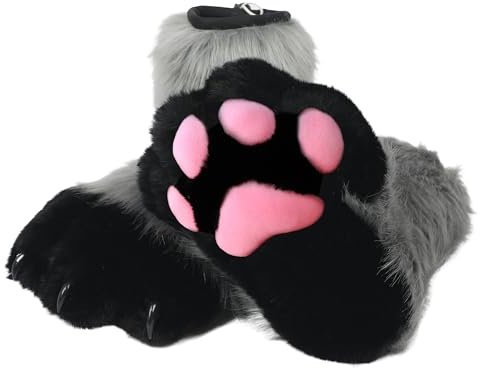ZFKJERS Cosplay Tierkatze Kunststoffkrallen für Fursuit Füße Pfotenschuhe Pelzige Pfotenpantoffeln Erwachsene Kostüm Zubehör Set (Grau)
