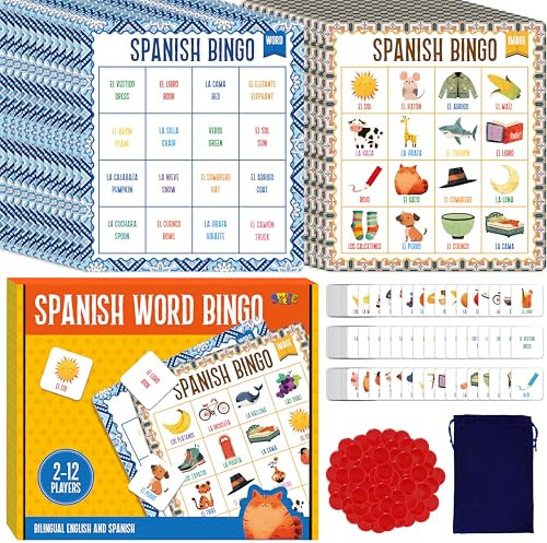 Spanish Bilingual Bingo Game - Educational Vocabulary Learning Toys for Ages 5 and up (Up to 12 Players)