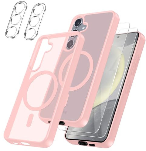 Cover per Samsung Galaxy S25 5G Compatibile con 2 vetri temperati e 2 vetri per Fotocamera, Translucent Matte Slim Back PC+TPU Bumper Shockproof Compatible Magnetic Cover per - Rosa Chiaro