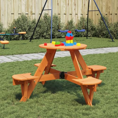 NQJIBUE Table de pique-nique pour 4 enfants avec trou pour parasol ronde en bois massif - Tables d'extérieur