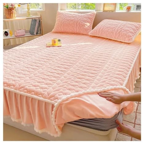 FOVAOK Cache-sommier rembourré en coton de classe A Motif boules de poils épais Couleur unie Rose 180 x 200 cm