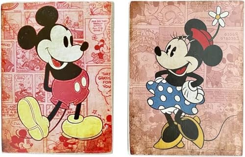 Disney 2 Magnets (Magnet) Mickey Mouse & Minnie Mouse Vintage Style for Refrigerator/Garage/Bar Collectible Wood Print 10 x 6 cm