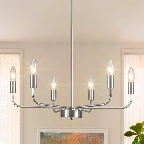 LWYTJO Chandeliers Ceiling Light, 6-Light Industrial Pendant Light Fitting, Silver Chandelier Ceiling Lights Living Room, Modern Silver Ceiling Lights for Kitchen, Bedroom Hallway, Height Adjustable