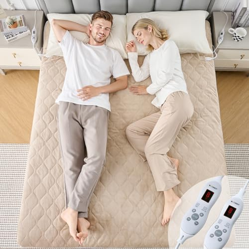 WOOMER Electric Blanket Double Size Dual Control 135 X 190cm, Electric Underblanket with 10 Heat Levels & 12 Hours Auto-Off Timer, Fast Heat Up, Overheat Protection, Machine Washable, Light Brown