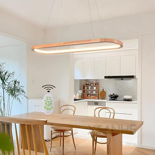 XIANHE Holz Esstisch LED Hängelampe/Hängeleuchte Esszimmerlampe Dimmbare mit Fernbedienung Pendelleuchte Höhenverstellbar Kronleuchter für Wohnzimmer Esszimmer Küche Büro Hängend Lampen (L70cm)