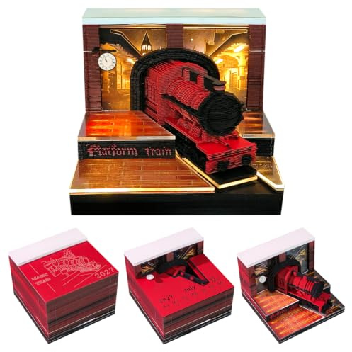 Dhqkqg 3D Kalender, 2027 3D-Notizblock, Kreative 3D Kalender Abreißen, Tischkalender-Notizblock mit Licht, Papierskulptur Desktop Ornament mit Anzeigebox, für Weihnachten Geschenk, Magischer Zug