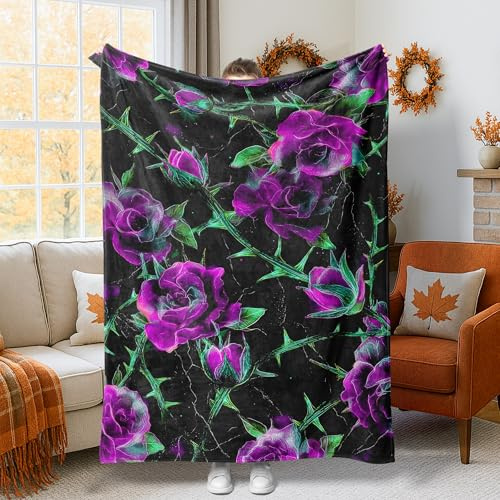 Roses Throw Blanket, Modern Floral Thorns Leaves Fall Violet Fuzzy Blankets Cozy Lightweight Decorative for Couch Sofa Bed Living Room Office Lap 40x50 Inch