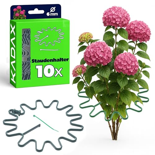KADAX Staudenhalter Ø 21 cm im 10er Set, Pflanzenhalter Rund mit Kabelbinder, Hortensienhalter aus Kunststoff, Pflanzenstütze für Hortensien, Blumenhalter (Grün)