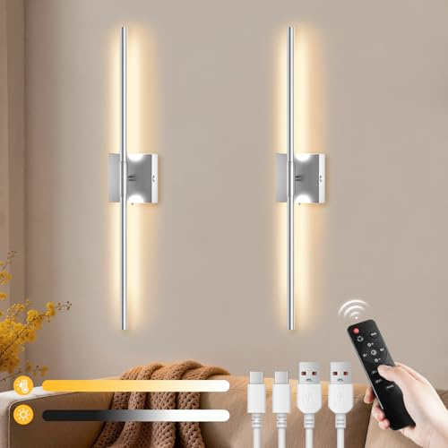 Rechargeable LED Wall Lights 2 Pack - 10000mAh Battery Operated Wall Lights Indoor with Remote 3 Colour Temperatures, Wireless Wall Sconces Dimmable Silver Wall Lamp for Living Room Bedroom Hallway