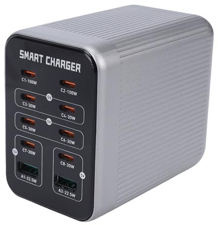 Annadue Stazione di Ricarica GaN, Ricarica Rapida Hub PD QC 10 in 1 con Potenza 200 W, per Laptop, Telefono, Tablet (Spina europea)