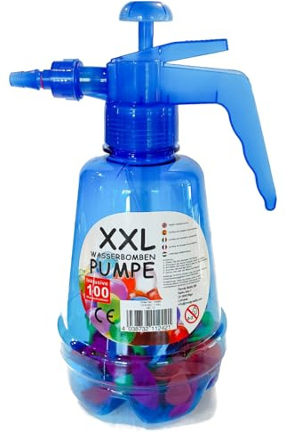 XXL Wasserbomben Pumpe inkl. 100 Wasserbomben Blaue Flasche Ballons in bunten Farben Pump Druck-Flasche (Blau)