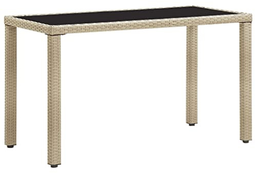 HGPOTUY Gartentisch Poly Rattan 123x60x74 cm, wasserfester Gartentisch mit Glasplatte und Stahlrahmen, pflegeleichter Esstisch für Terrasse und Garten, beige