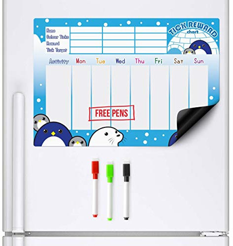 CKB Ltd Magnetic Reward Chart Penguin and Friends | pingüino magnético recompensa y tareas 7 días, en inglés, utilizar para tres niños, ideal para ENSEIGNER en los niños un bon comportamiento