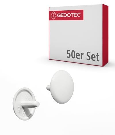 Gedotec Möbel-Abdeckkappen rund | 50 Stück - Schrauben-Kappen für Kopfloch-Bohrung PZ2 | H1115 | Abdeckungen Ø 12 x 2,5 mm | Verschluss-Stopfen Kunststoff weiß | Endkappen für Bohrlöcher & Holz-Möbel