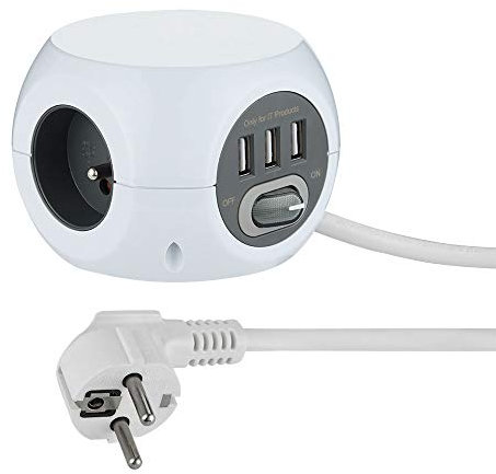Electraline 35443 Mini Cube avec 3 Ports USB 2.4A, Bloc 3 Prises avec Interrupteur, Rallonge Multiprise 3M, Blanc