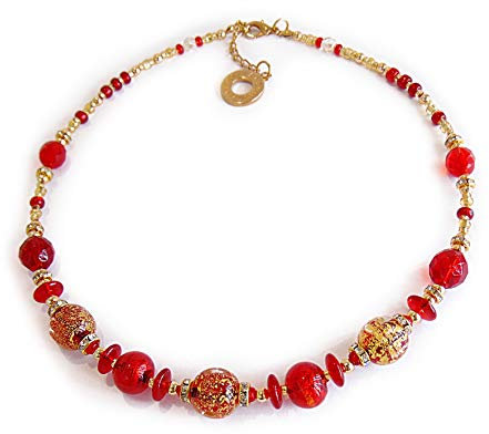 VENEZIA CLASSICA - Collana da Donna girocollo con perle in Vetro di Murano Originale, Collezione Diana, rosso con foglia in oro 24kt, Made in Italy certificato