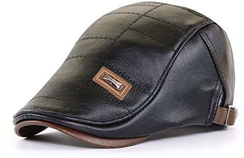 CHENNUO Leder Kappe Herren Winter PU-Leder Schiebermütze Flatcap Schirmmütze (Schwarz)