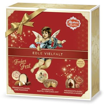 Reber Quadratpackung – 9er Packung in der Weihnachts-Edition – Weihnachtsmischung mit Marzipankugeln, Weihnachtskugeln und Zimt-Törtchen