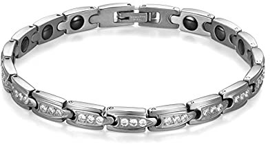 Flongo Damen Magnetarmband Magnet Therapie Kugel Perlen Armband Armreif mit Zirkonia Silber Gesundheit Elegant für Frauen