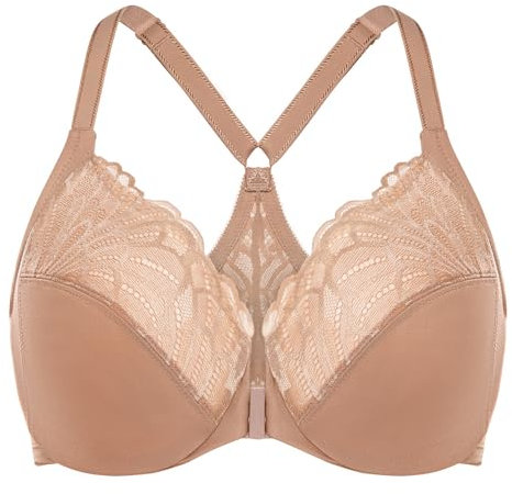 MELENECA Women's Front Fastening Racerback Plus Size Stretch Lace Underwire Unlined Bras Cappuccino 38D