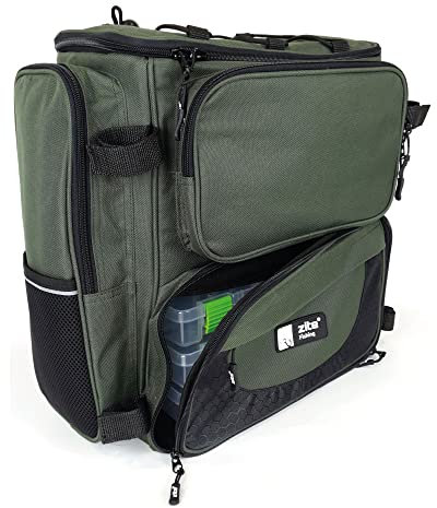 Zite Fishing Angelrucksack mit Boxen & Rutenhalter – Große Angeltasche mit Boxen (3 Stück) - Angel Rucksack-mit-Boxen - extra Dickes Rückenpolster, Angelrucksack-mit Rutenhalter, Fishing Backpack
