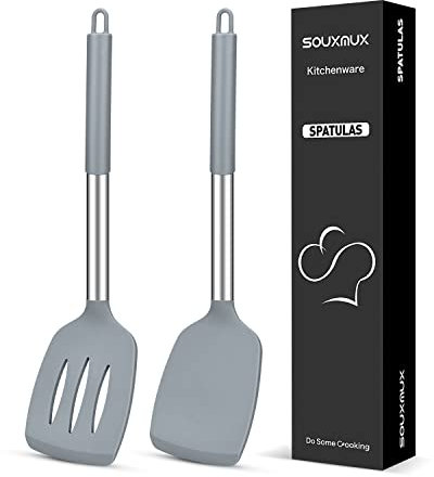 2 Pcs Silicone Spatulas Turners, Solid and Slotted Spatula Set, Non-Stick BPA Free High Heat Resistant Handy Kitchen Utensils for Cooking, Grill, Flipping Eggs, Fish, Pancake(Grey)