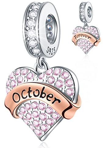 October Birthstone Charms fits Pandora Birthday Bracelet, 925 Sterling Silver Pave Heart Pink Birth Stone Pendant Beads with Rose Gold Banner, Gift for Valentine's Day/Wedding/Halloween