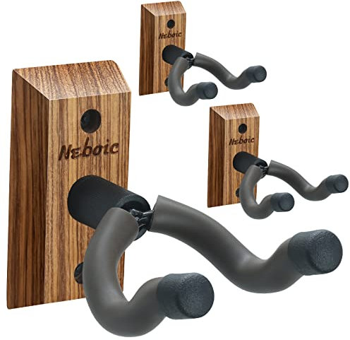 Neboic 3 Stück Gitarren Wandhalterung, Gitarren-Aufhänger, Gitarrenständer mit weich gepolstertem Gitarrenhalter, Hartholzbasis, Gitarrenhaken für alle Gitarren, Akustik-, Klassik-, Elektro-, Walnuss