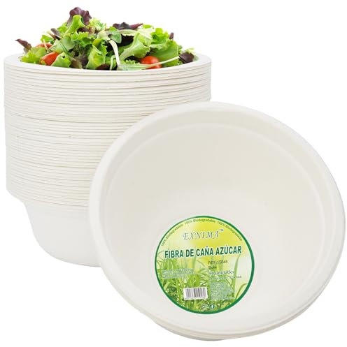 EXNIMA, Cuencos Desechables de Caña de Azúcar, Platos Hondos Biodegradables, Vajilla Ecológica, 100% Natural Redondo Resistentes, Evento, Fiestas, Barbacoa y Cumpleaños