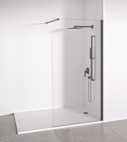 Box doccia 90 x 195 cm frontale a parete doccia fissa - Trasparente - Vetro temperato di 8 mm con anticalcare - Profili in alluminio Nero Opaco – Walk in box Doccia Reversible