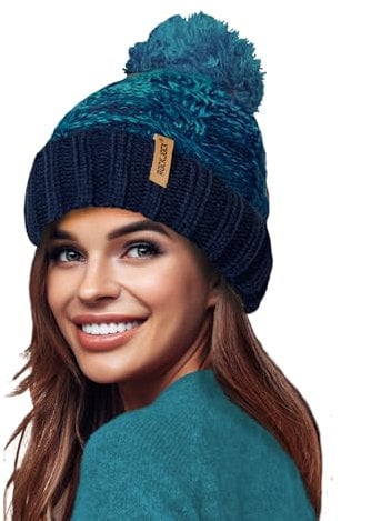 RockJock Stormactive Strickmütze für Damen, 100 % wasserdicht, grob, Ombré-Stil, warm, mit Teddy-Fleece gefüttert, Strickmütze, Marineblau/Blaugrün, Einheitsgröße