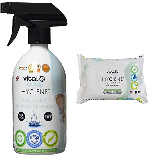 Vital Baby Hygiene AQUAINT® Sanitising Water Kills 99.9% of Germs - Baby Safe - Vegan & vital baby Hygiene Super Soft Hand and Face Wipes, 30 Pack, 443937,30 Count (Pack of 1)