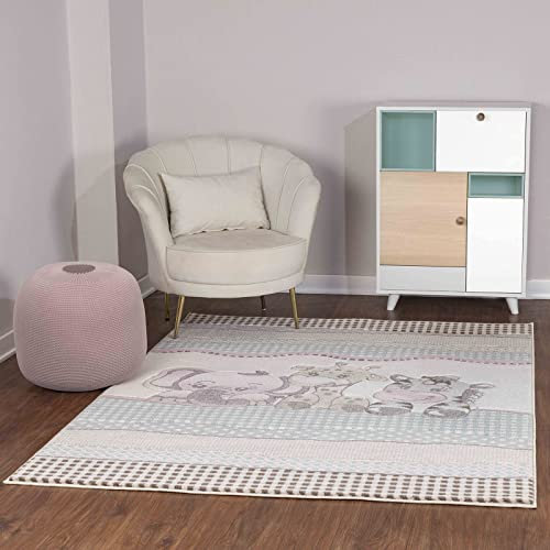 Livabliss Safari Kinderteppich - Cartoon Teppich 120x170 cm, Tier Teppich Kinderzimmer oder Babyzimmer, Krabbelteppich oder Spielteppich - Baby Teppich für Jungen & Mädchen, Weiß, Grau und Beige