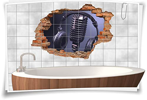 Medianlux 3D Fliesen-Bild Fliesen-Aufkleber On The Air Kopfhörer Mikrofon Radio Studio Fliesen Sticker Ditigaldruck, 120x80cm, 20x25cm (BxH)