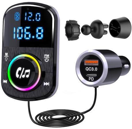 FM Transmitter, Hands Free Car Phone Kit Bluetooth, Support QC3.0 & PD Fast Charger/Ambient Light/Self-Adhesive Base and Clip with 1.1 Cable, BT/TF Card 2 in 1 Music Player