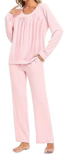 Famulily Damen Einfache Bequeme Baumwolle Pyjamas Set Langarm Tops und Wide Leg Hosen Loungewear mit Taschen Rosa L