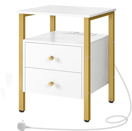 HOOBRO Bedside Table, Side Table with Charging Station, 2 USB Ports and 2 Sockets, End Table with 2 Drawers, Sofa Side Table, Nightstand for Living Room, Bedroom, White and Gold EDW43KBZ01