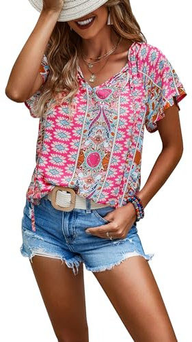 Awemeal Damen Bluse Sommer Rüschen Kurzarm V-Ausschnitt Shirt Boho Drucken Strand Top T-Shirt Casual Lose Tunika Oberteil (XL, Rosarot)
