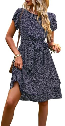 IFFEI Sommerkleid Elegante Kleider Damen Damen Leicht Boho Blumenkleider Kurz Rüschen Strandkleid mit Gürtel Blau S