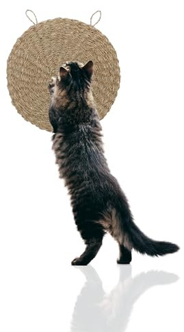 Rohrschneider Kratzmatte rund Katze handgeflochten aus Naturmaterial Seegras | Kratzbrett zum Schutz von Sofa, Teppich und Anderen Möbeln | Katzen Zubehör für Wand und Fußboden | 37 cm | einzeln