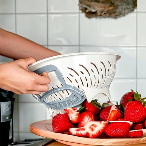 4All Large Plastic Salad Colander with Smart Bottom Lock Heavy Duty BPA Free Kitchen Sieve for Vegetables Fruits Boiled Pasta Mesh Salad Strainer (Cream)
