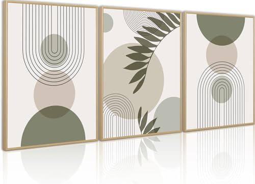PWAAHDC Wandbilder Wohnzimmer Modern – 3er Set Leinwandbilder mit Rahmen 30x40cm – Große Abstrakte Boho Bilder in Grün – Gerahmte Kunstdrucke für Schlafzimmer & Wohnzimmer Deko