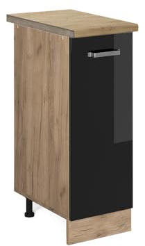 Vicco Apothekerschrank R-Line, Schwarz Hochglanz, 30 cm | 1 Auszug · Arbeitsplatte Eiche · Höhenverst. Füße · Metallgriffe · ✓ Frei kombinierbar