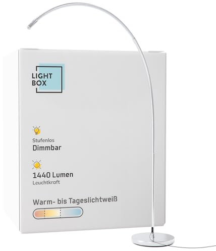 Lightbox LED Bogenstehlampe | 1,7 m Höhe | Stehleuchte mit Kopf-Schalter, dimmbar (CCT) | LED Lampe (1440lm, 18W) | Standleuchte auch als Schlafzimmer, Büro und Flur Lampe | aus Metall in Silberfarben