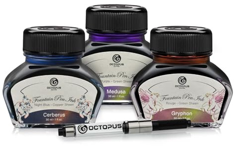 Octopus Fluids Sheen-Tinten Set MYTH mit Konverter, 3 x 30 ml | Drei Zweifarb-Schreibtinten mit Tinten-Konverter, Sheen-Effekt auf glattem, wenig saugendem Papier und mit breiter Feder