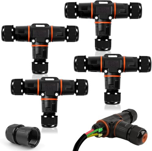 4 Stück Kabelverbinder Wasserdicht IP68, T-Form Verteilerdose Klemmdose Kabelverbinder Wasserdicht 3-polig Erdkabel Verbindungsmuffe für Ø3-12 mm Kabeldurchmesser, Acrylnitril-Butadien-Styrol