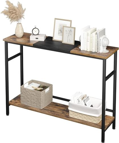 Console étroite avec étagères - En bois - 100 x 23 x 80 cm (P x l x H) - Couleur vintage - Avec structure en métal solide - Pour petites pièces, entrée, couloir, salon