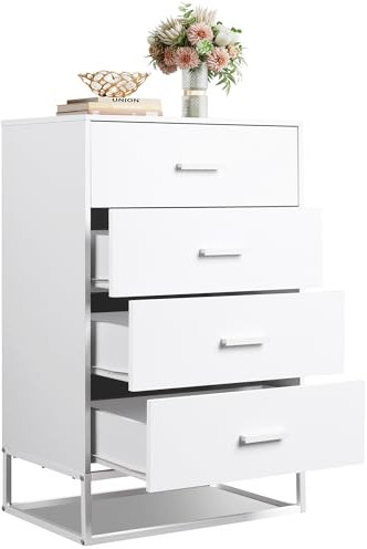 WLIVE Holz kommode für Schlafzimmer mit 4 Schubladen, Nachttisch, Kommode, hohe Kommode mit Schubladen und stabilem Metallrahmen für Flur, Wohnzimmer, Schrank, weiß